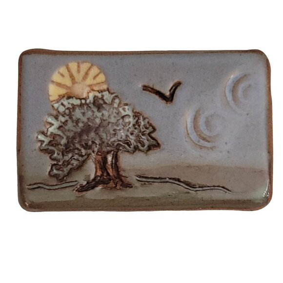 Artisan Clay Pottery Enamel Tree Scene Brooch Pin, Signed M704 - Picture 1 of 8
